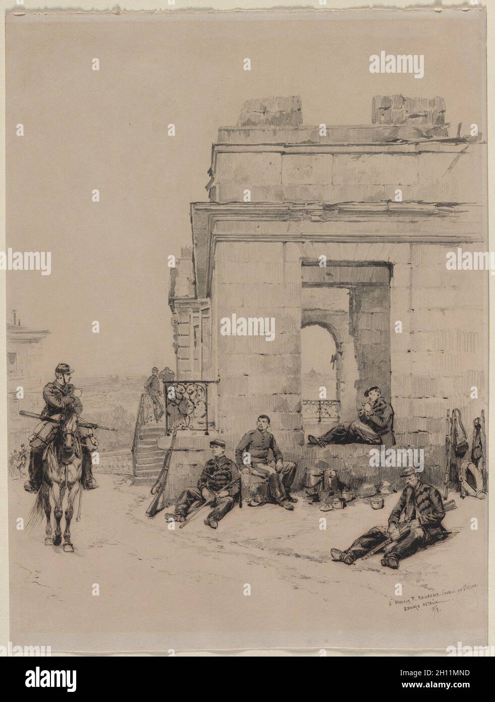 Soldats au repos (recto), 1878.Édouard Detaille (français, 1848-1912).Graphite, stylo et encre noire; feuille : 34.4 x 25.8 cm (13 9/16 x 10 3/16 po). Banque D'Images