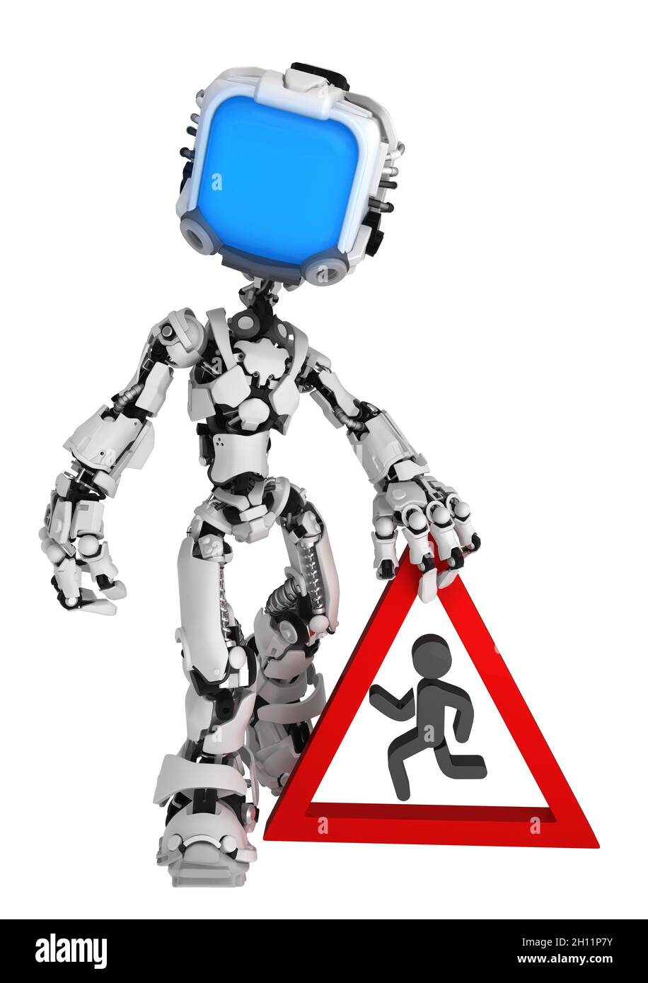 Écran robot figure personnage pose tenant le signe d'avertissement humain, illustration 3d, vertical, isolé Banque D'Images