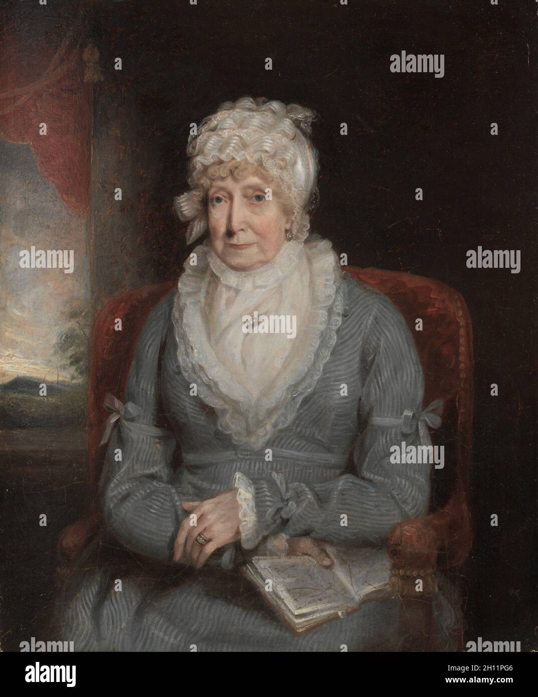 Portrait d'une femme (Mme. Ann Hivlyn), début des années 1800. Nord ou l'Angleterre, 19e siècle. Huile sur bois ; sans encadrement : 30,5 x 25,2 cm (12 x 9 15/16 in.). Banque D'Images