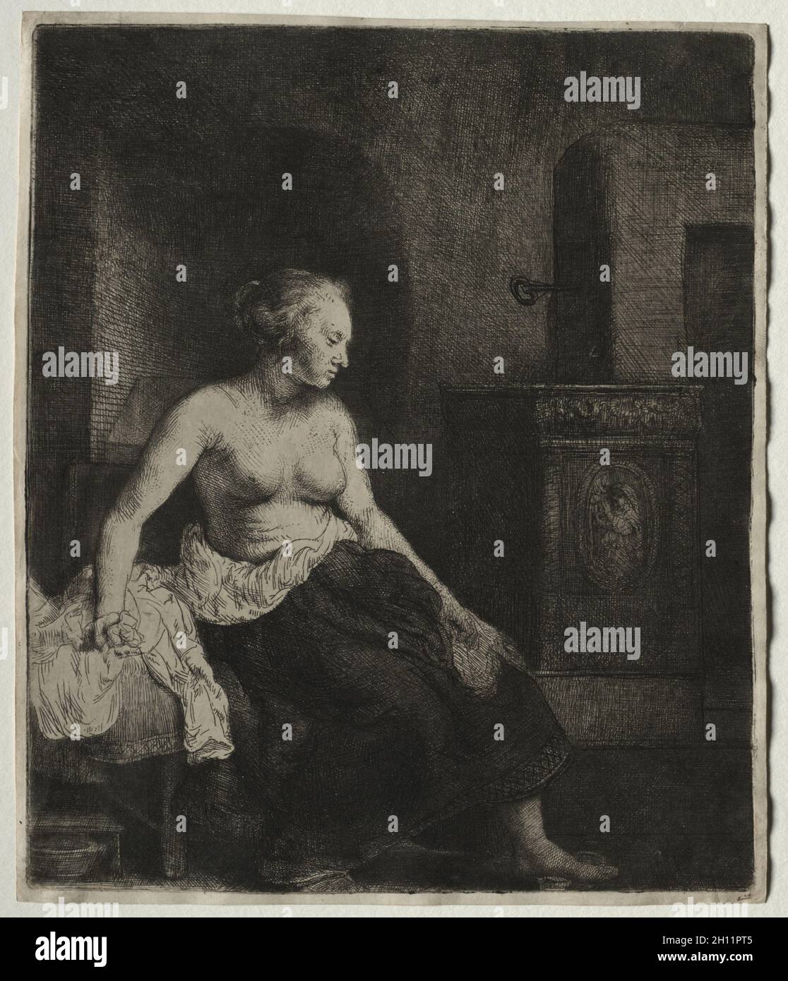 Femme assise la moitié habillé à côté d'une cuisinière, 1658. Rembrandt van Rijn (Néerlandais, 1606-1669). Pointe sèche avec ton ; surface : feuille 23 x 19,5 cm (9 1/16 x 7 2/13 in.) ; platemark : 22,3 x 18,8 cm (8 3/4 x 7 3/8 in.). Banque D'Images