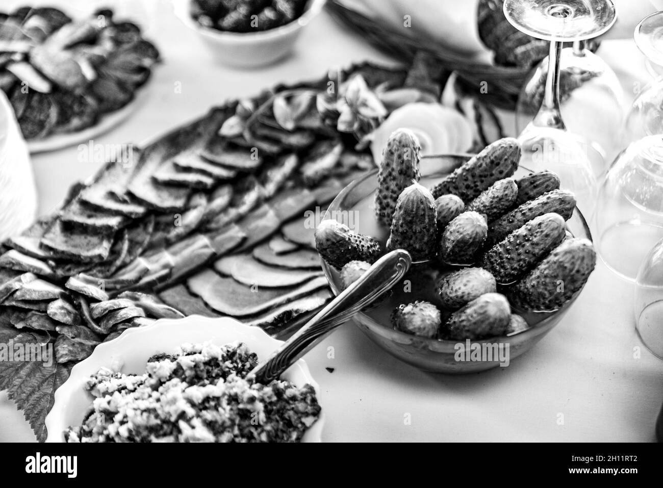 Viandes sur la table, saindoux et concombres marinés.Nourriture polonaise, entrées froides sur une table de pays. Banque D'Images