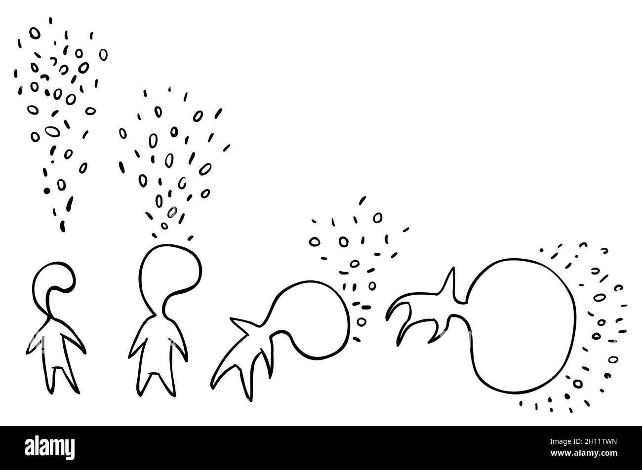 Figure tête remplissage avec des données jusqu'à s'effondrer sous poids quatre étapes dessin de ligne de dessin animé, vecteur, horizontal, noir et blanc, isolé Illustration de Vecteur