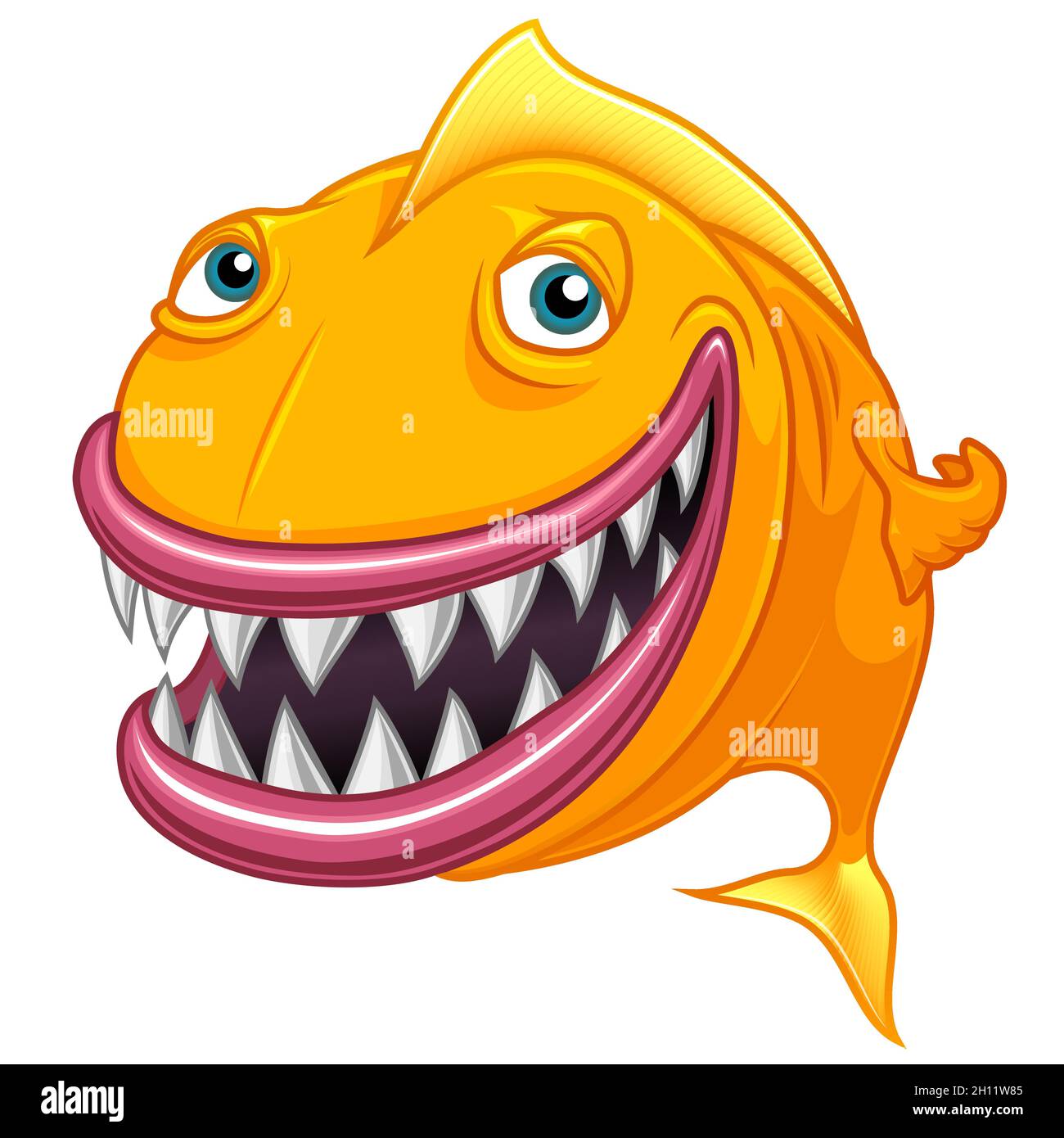 Sourire joyeux dessin animé jaune poisson.Illustration vectorielle amusante.Isolé sur fond blanc. Illustration de Vecteur