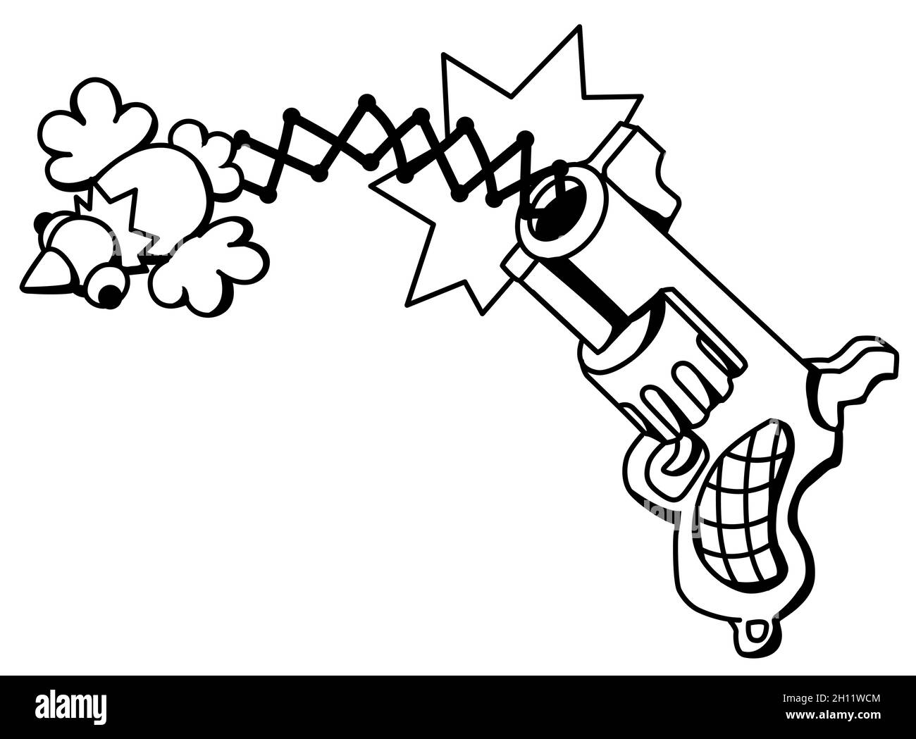 Joke Gunshot avec oiseau volant dessin de ligne de bande dessinée, vecteur, horizontal, noir et blanc, isolé Illustration de Vecteur