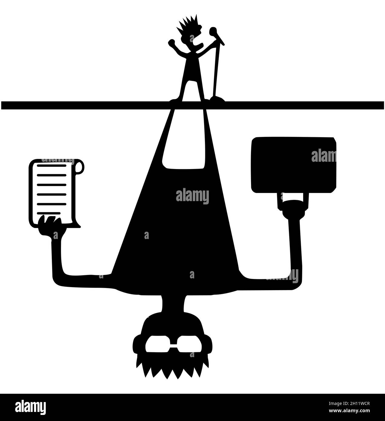 Manager de promoteur de musique ombre qui menace sur l'interprète chanteur personnage de dessin animé silhouette noire, illustration vectorielle, vertical, isolé, sur blanc Illustration de Vecteur