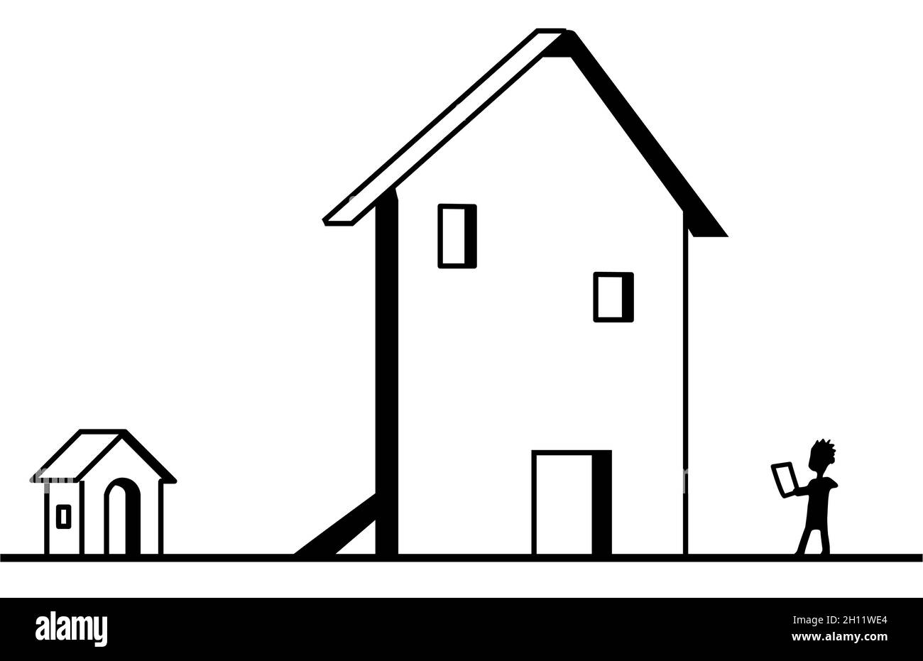 Façade Fake big House petit shack réel derrière dessin de ligne de dessin, vecteur, horizontal, noir et blanc Illustration de Vecteur