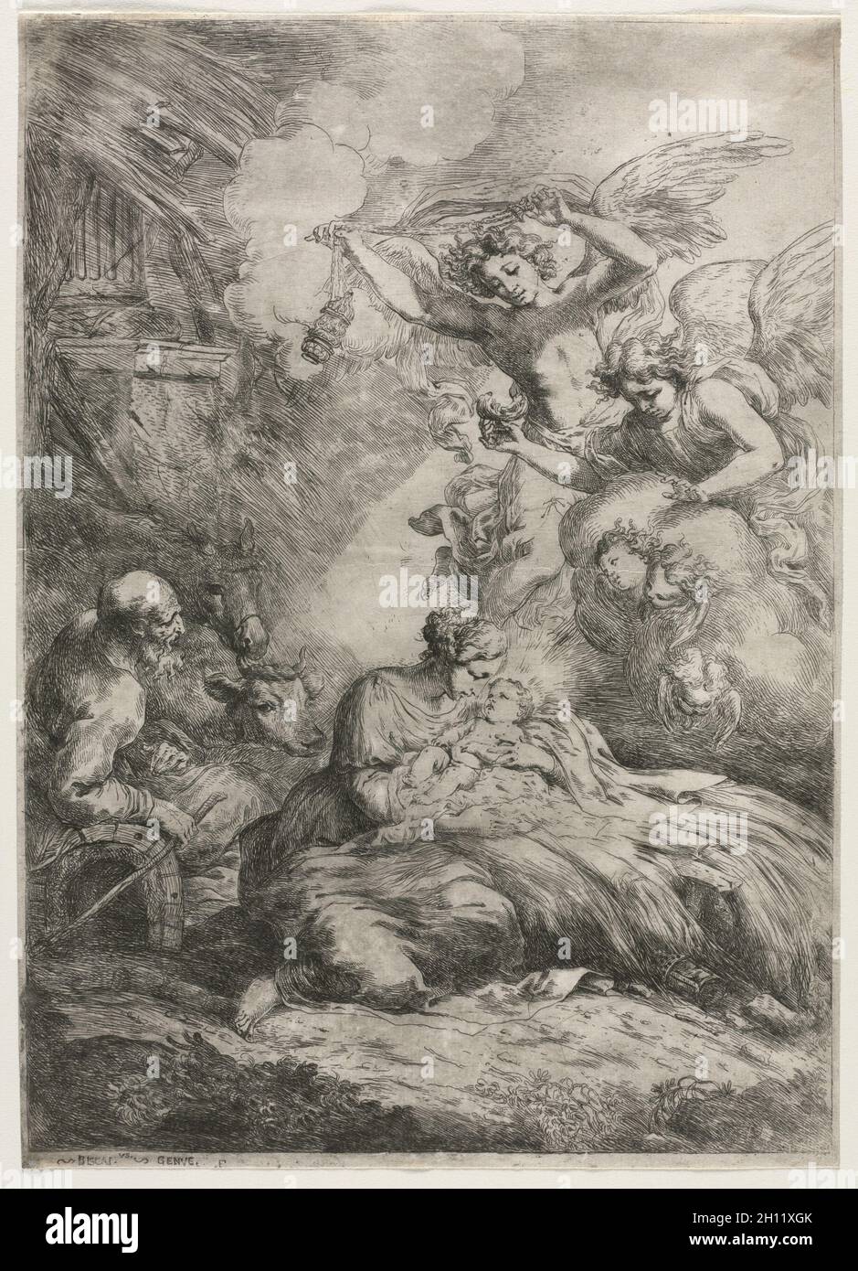 La Nativité, 1650-57.Bartolomeo Biscaino (italien, 1632-1657).Gravure ; Banque D'Images