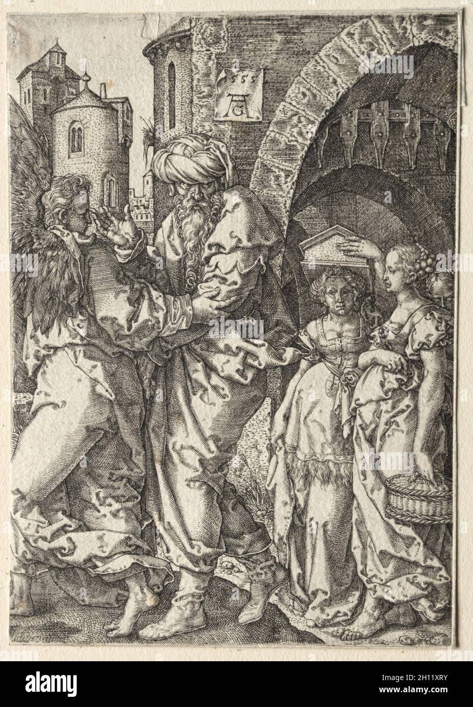 L'histoire de Lot : Lot et sa famille fuyant Sodome, 1555.Heinrich Aldeverver (allemand, 1502-1555/61).Gravure ; Banque D'Images