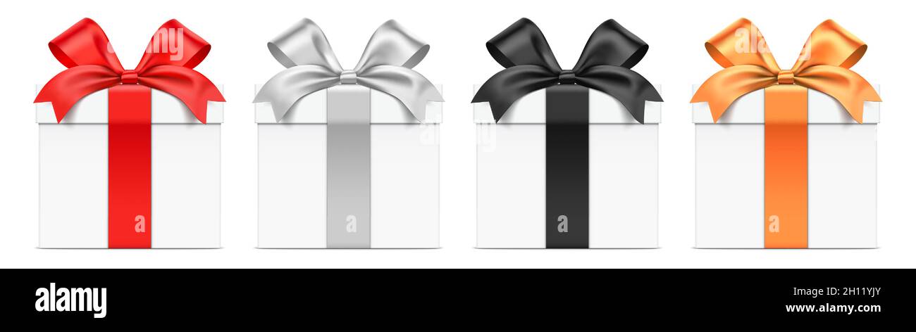 Ensemble vectoriel de boîtes-cadeaux blanches avec rubans de couleur différente.Boîte-cadeau réaliste en vue de face, isolée sur fond blanc. Illustration de Vecteur