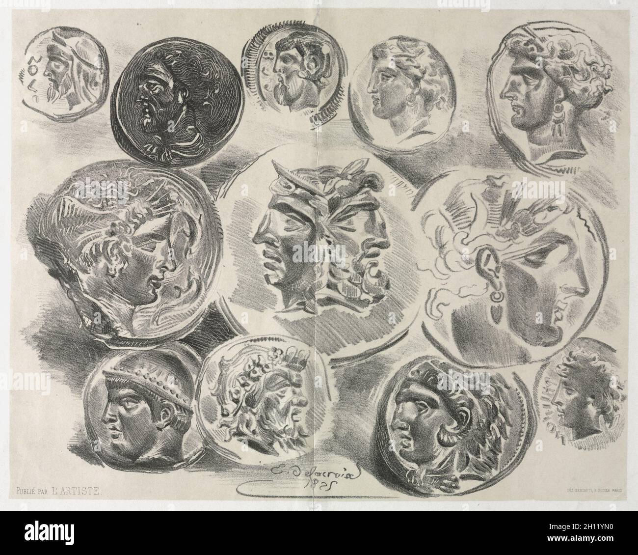 Feuille de douze objets anciens, 1825.Eugène Delacroix (français, 1798-1863).Lithographie; Banque D'Images