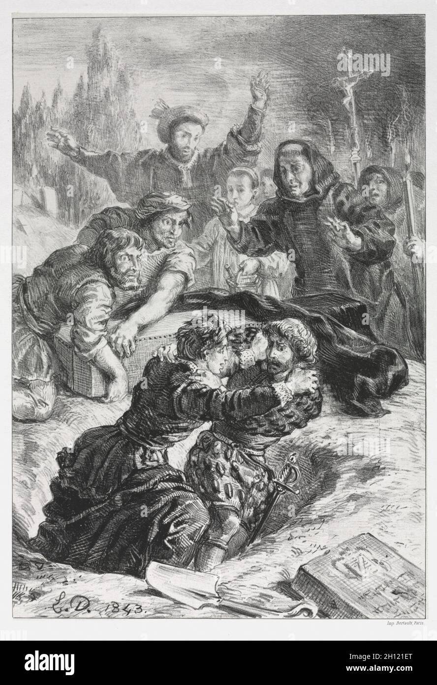 Hameau : hameau et Laertes dans la tombe d'Ophelia, 1843.Eugène Delacroix (français, 1798-1863).Lithographie; Banque D'Images