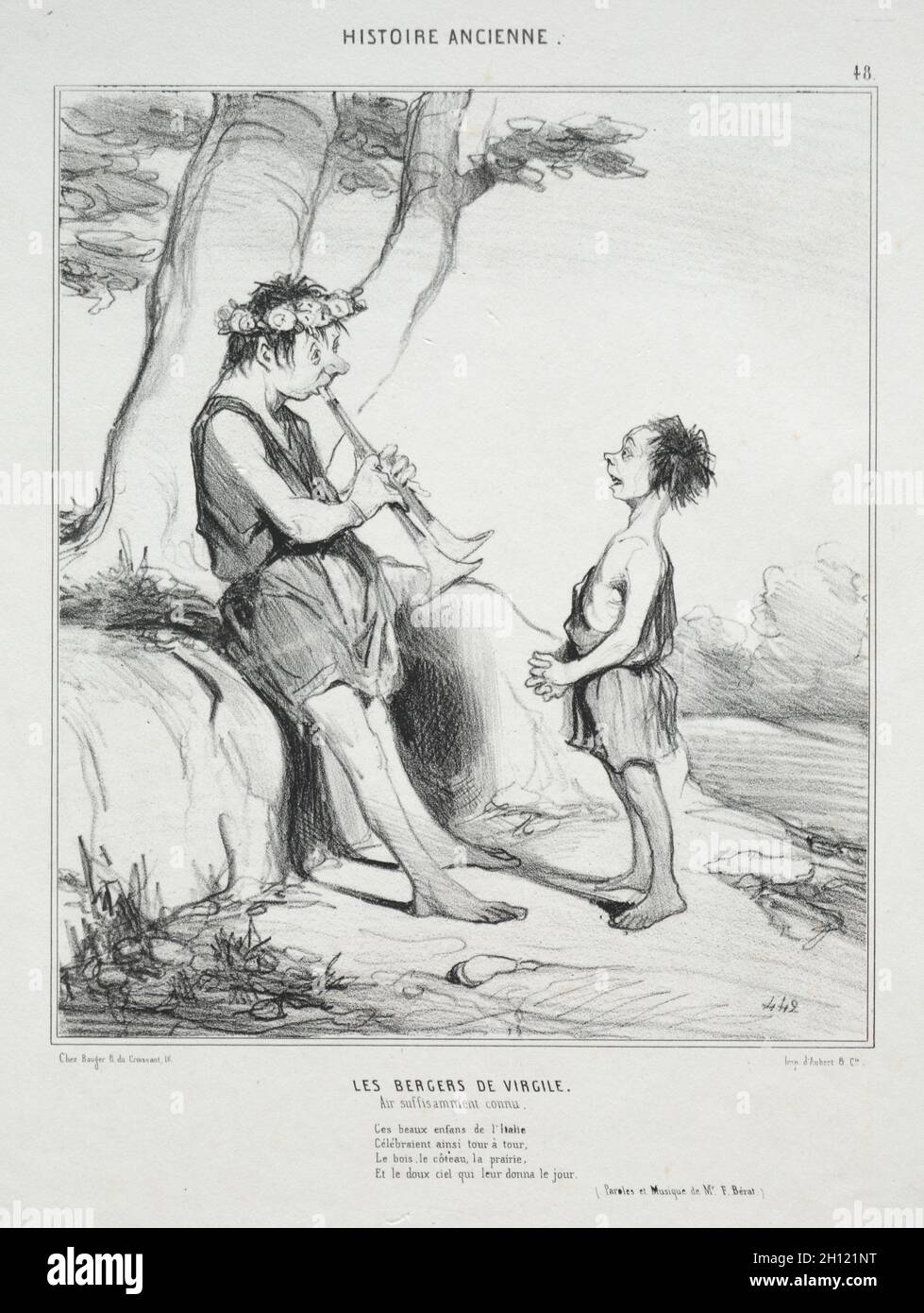 Publié dans Le Charivari (pas du 31 décembre 1842) : l'histoire ancienne, la plaque 48 : Les bergers de Virgile, 31 décembre 1842. Honoré Daumier (Français, 1808-1879), Aubert. Fiche technique : Lithographie ; 34,1 x 25,4 cm (13 7/16 x 10 in.) ; image : 22,5 x 19,3 cm (8 7/8 x 7 5/8 in.). Banque D'Images