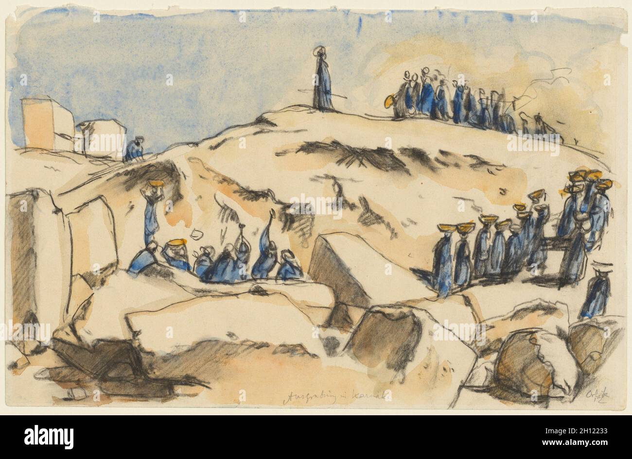 Excavation à Karnak, 1912.Emil Orlik (tchèque, 1870-1932).Crayon noir et aquarelle; feuille : 19.1 x 29.5 cm (7 1/2 x 11 5/8 po). Banque D'Images