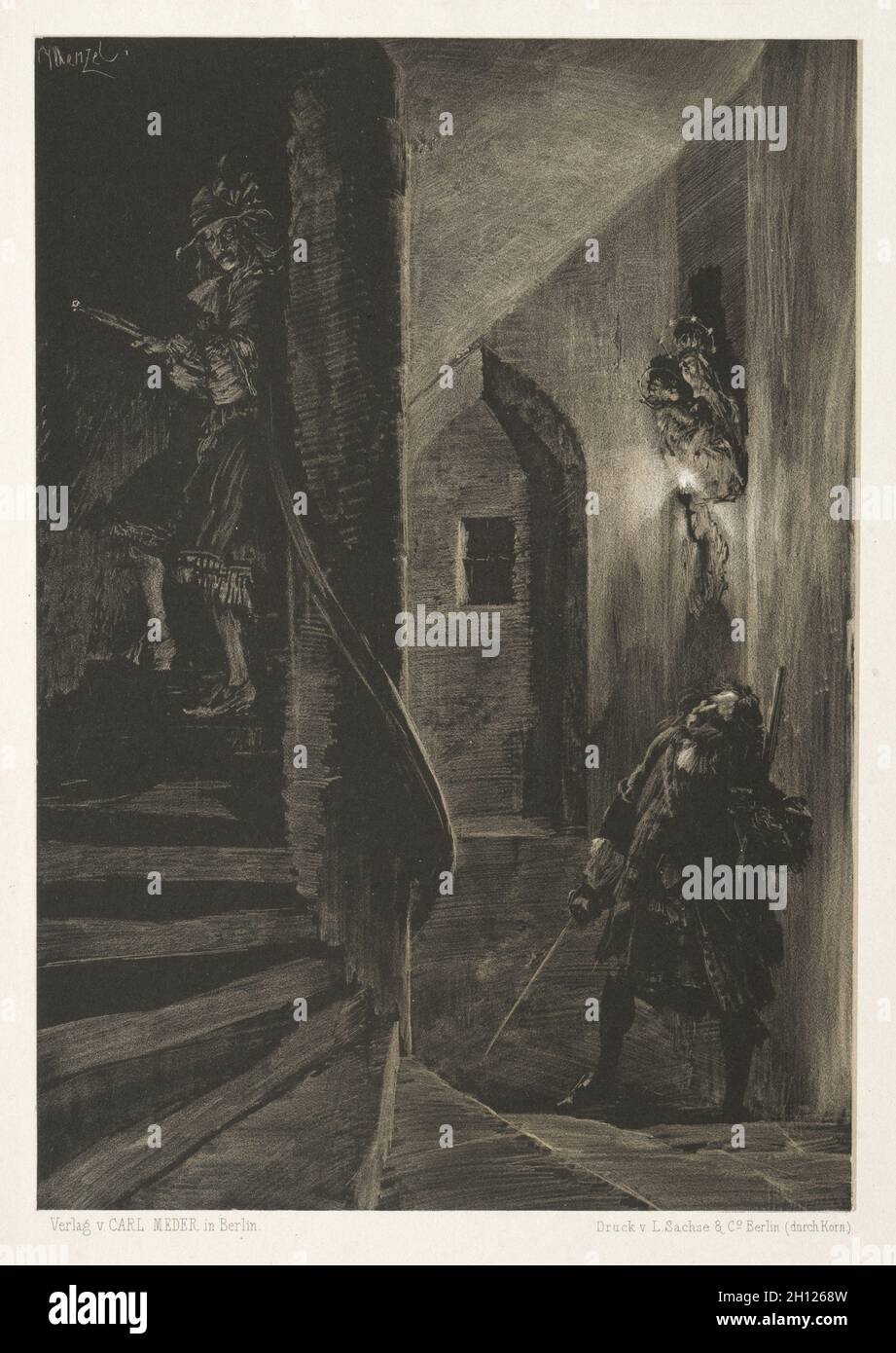 Essai sur pierre avec pinceau et grattoir : poursuite sur l'escalier tournant, 1851.Adolph von Menzel (allemand, 1815-1905).Lithographie; Banque D'Images