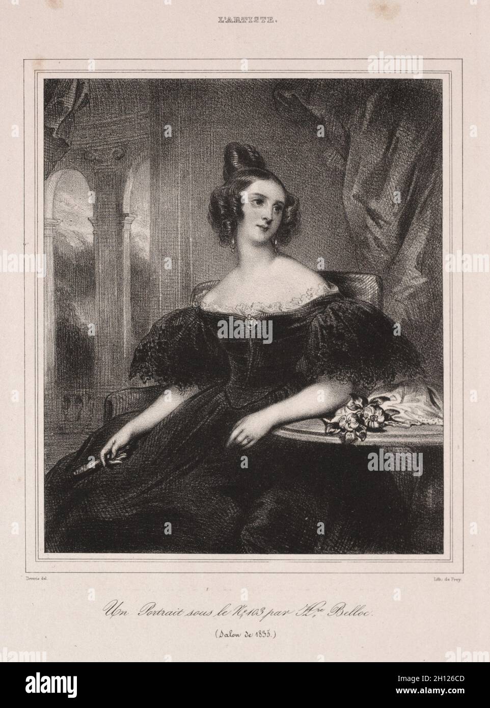 Jeune femme avec un ventilateur assis à une table, 1835.Achille Devéria (français, 1800-1857).Lithographie; Banque D'Images