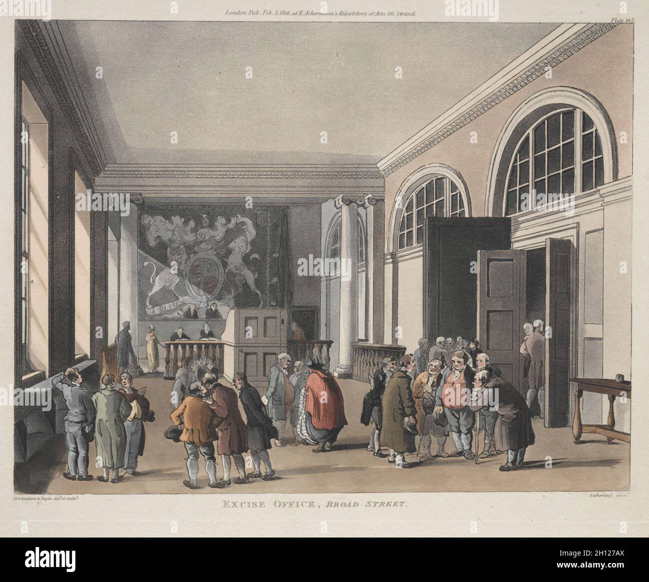 Bureau d'accise, rue Broad, 1810.Thomas Rowlandson (britannique, 1756-1827) et Augustus Charles Pugin (britannique, 1762-1832).Gravure ; Banque D'Images Bureau d'accise, rue Broad, 1810.Thomas Rowlandson (britannique, 1756-1827) et Augustus Charles Pugin (britannique, 1762-1832).Gravure ; Banque D'Images