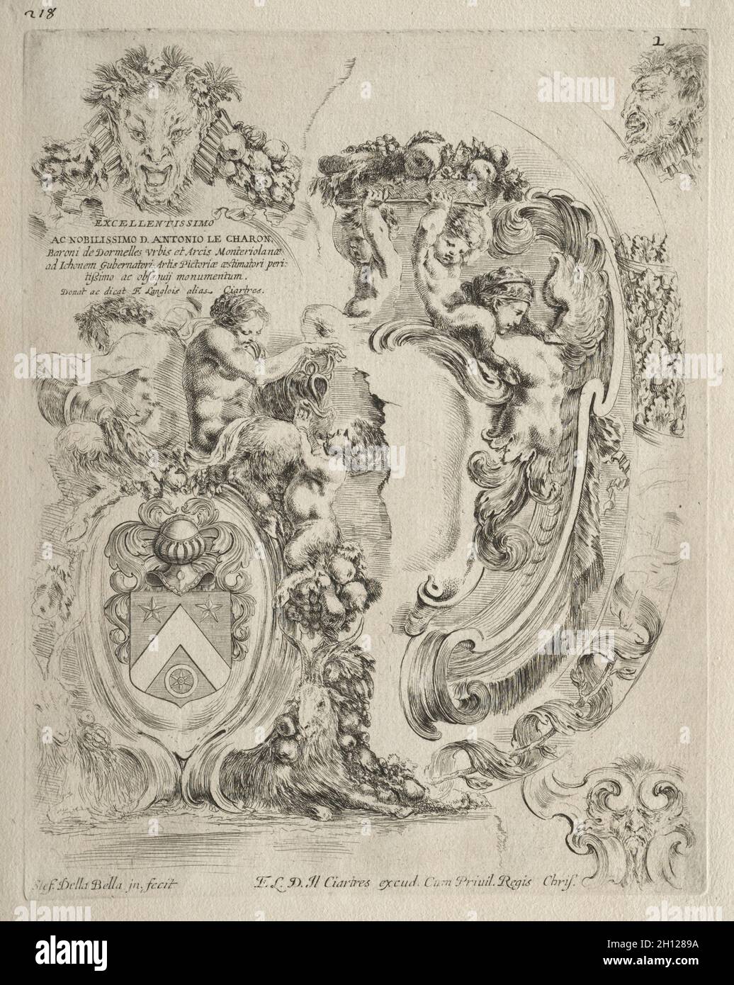 Collection de diverses matrices et de nouveaux dessins de cartounins et d'ornements : no 2, page de dédicace, 1646.Stefano Della Bella (italien, 1610-1664).Gravure ; Banque D'Images