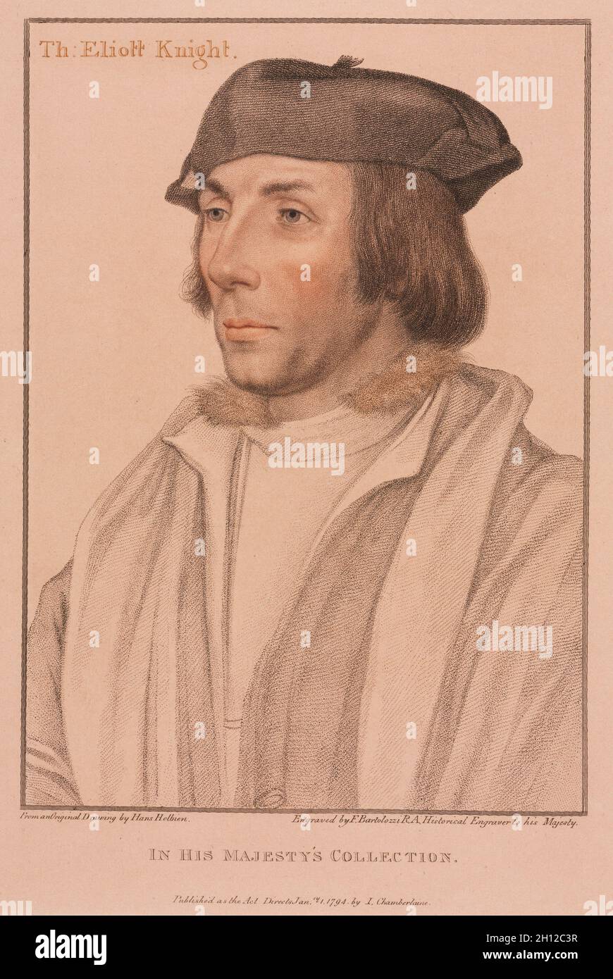 Sir Thomas Elyot, 1794. Francesco Bartolozzi (britannique, 1727-1815), John Brigitte Zanda, après Hans Holbein (Allemand), ch. 1465-1524). Gravure ; crépi couleur feuille : 37,8 x 29,9 cm (14 7/8 x 11 3/4 in.) : platemark ; 33,7 x 23,9 cm (13 1/4 x 9 7/16 in.). Banque D'Images