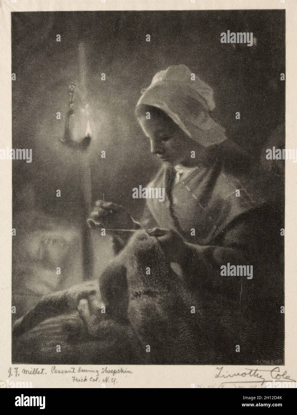 Couture de fille par Lamtright, 1911.Timothy Cole (américain, 1852-1931), d'après Jean-François Millet (français, 1814-1875).Gravure en bois; Banque D'Images