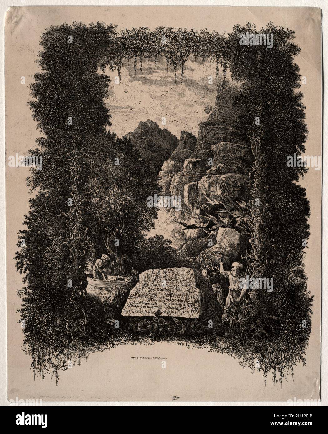 Première frontispice pour Fables et Fairy-Tales de Thierry-Faletans, 1868.Rodolphe Bresdin (français, 1822-1885), G. Chariol.Lithographie; feuille: 26.3 x 20.8 cm (10 3/8 x 8 3/16 po.); platemark: 24.4 x 26.3 cm (9 5/8 x 10 3/8 po.). Banque D'Images