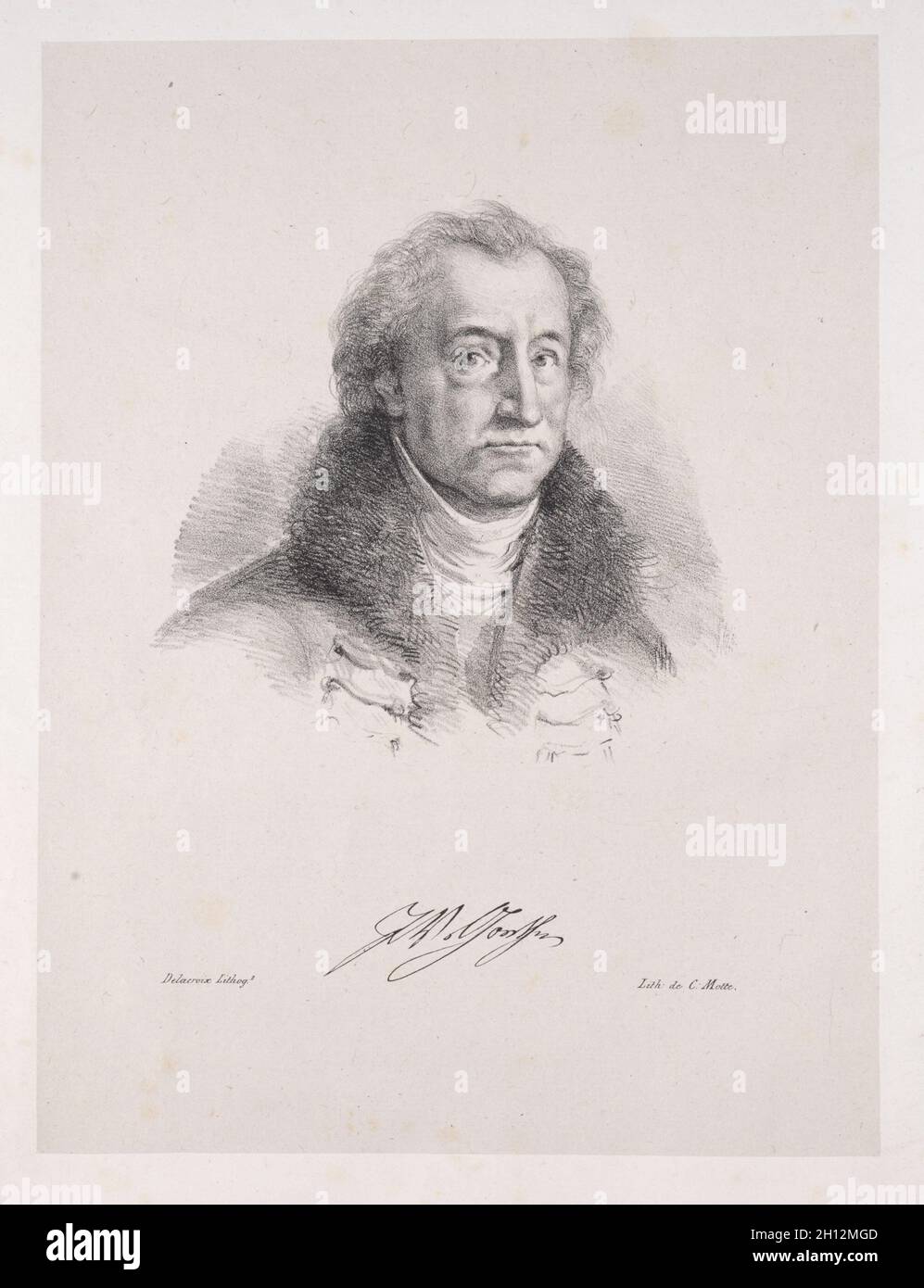 Faust: Tragédie de M. de Goethe, traduit en français par Albert Stapfer.: Illustrations pour Faust: Frontispiece - Portrait de Johann Wolfgang von Goethe, 1828.Eugène Delacroix (français, 1798-1863), chez CH. Motte, éditeur, distribué par chez Sautelet, libreire.Lithographie; Banque D'Images