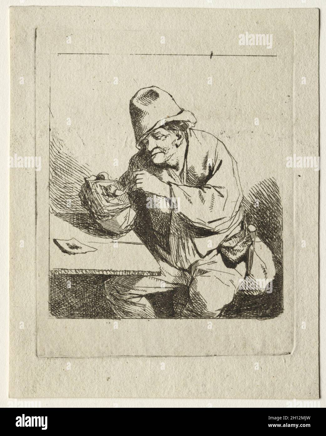 Paysan Eclairage son tuyau, 1620-64.Cornelis Pietersz Bega (néerlandais, 1631/32-1664).Gravure avec gravure; feuille: 13.2 x 10.4 cm (5 3/16 x 4 1/8 in.); repère plateau: 11 x 8.7 cm (4 5/16 x 3 7/16 in.). Banque D'Images