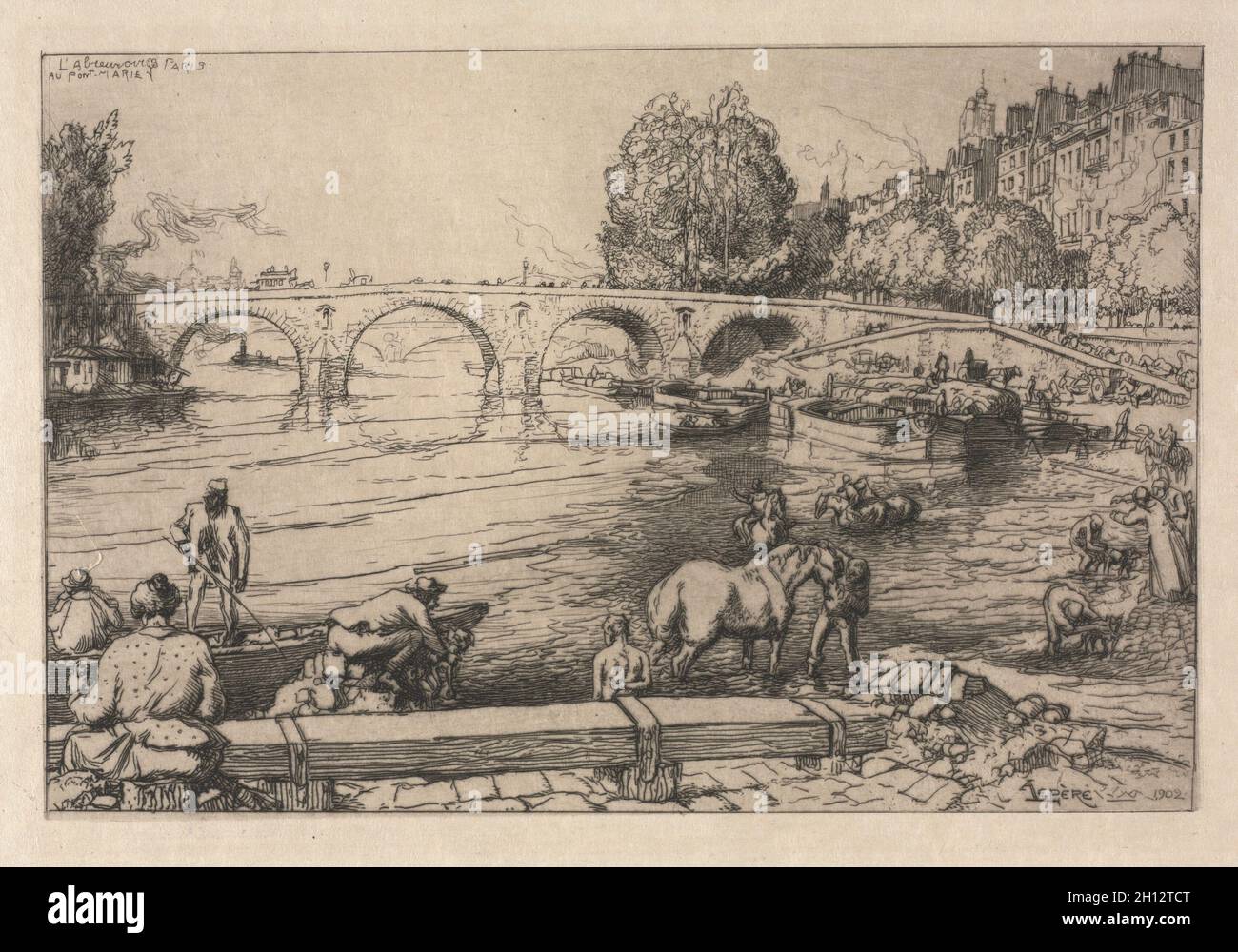 Publié dans Studio : l'Abreuvoir à Marie Bridge , 1902. Louis Auguste Lepère (Français, 1849-1918). Fiche technique : gravure ; 23 x 29,9 cm (9 1/16 x 11 3/4 in.) : platemark ; 20,1 x 27 cm (7 15/16 x 10 5/8 in.). Banque D'Images
