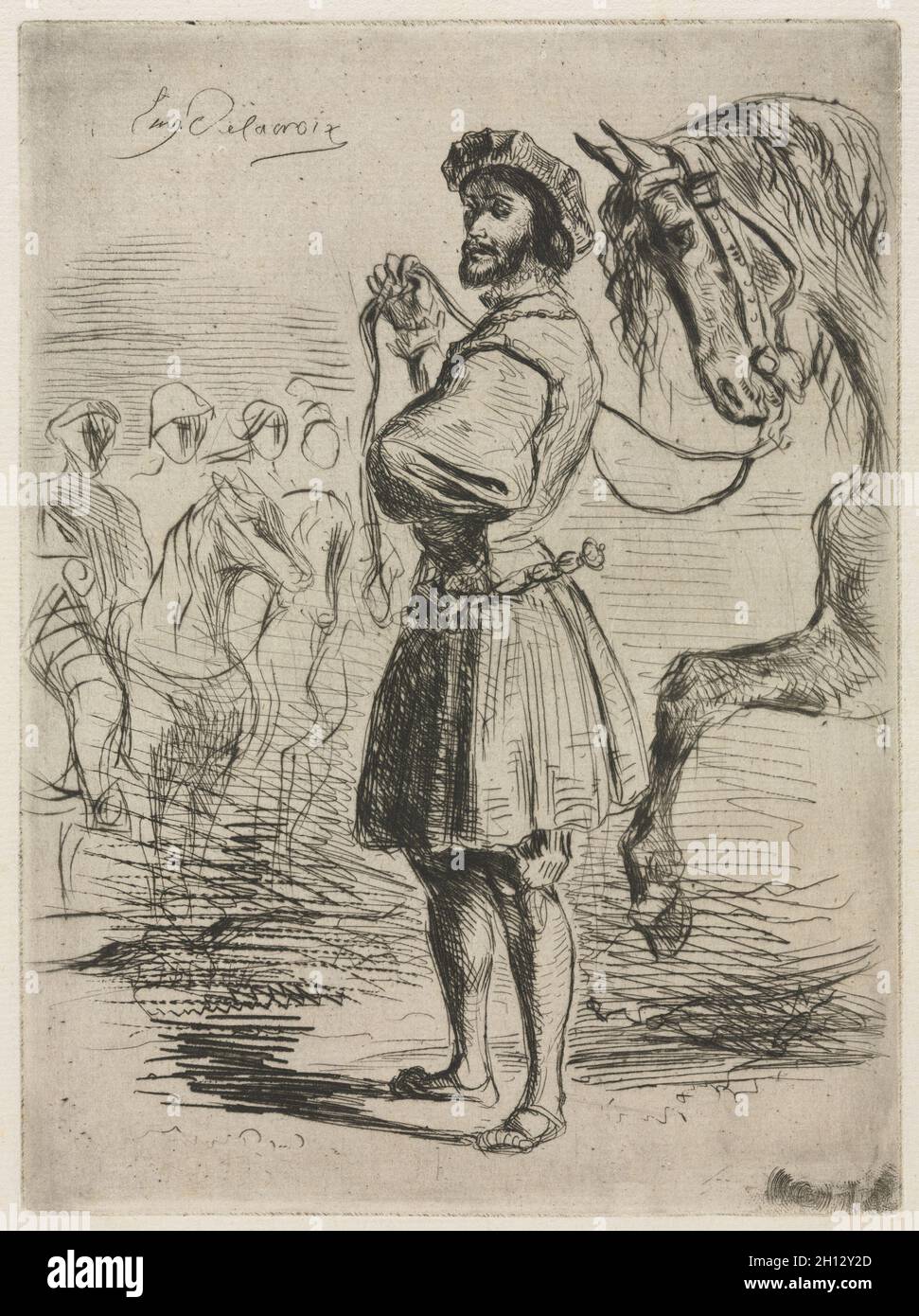 Un Seigneur à l'époque de François I , 1833. Eugène Delacroix (Français, 1798-1863). Pointe sèche ; feuille : 45,5 x 27,7 cm (17 15/16 x 10 7/8 in.) : platemark ; 18 x 13,3 cm (7 1/16 x 5 1/4 in.). Banque D'Images