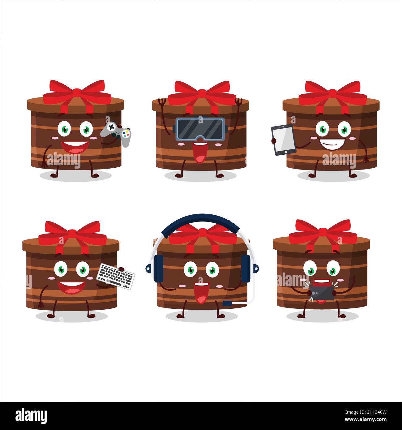Le personnage de dessin animé de cadeau rond marron joue à des jeux avec diverses émoticônes mignons.Illustration vectorielle Illustration de Vecteur
