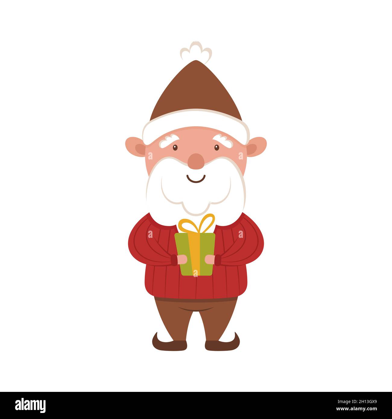 Petit gnome donne un cadeau.Joyeux père Noël dans un joli chapeau d'hiver et un chandail rouge.L'orf de Noël fait un cadeau.Personnage de dessin animé des fêtes Illustration de Vecteur