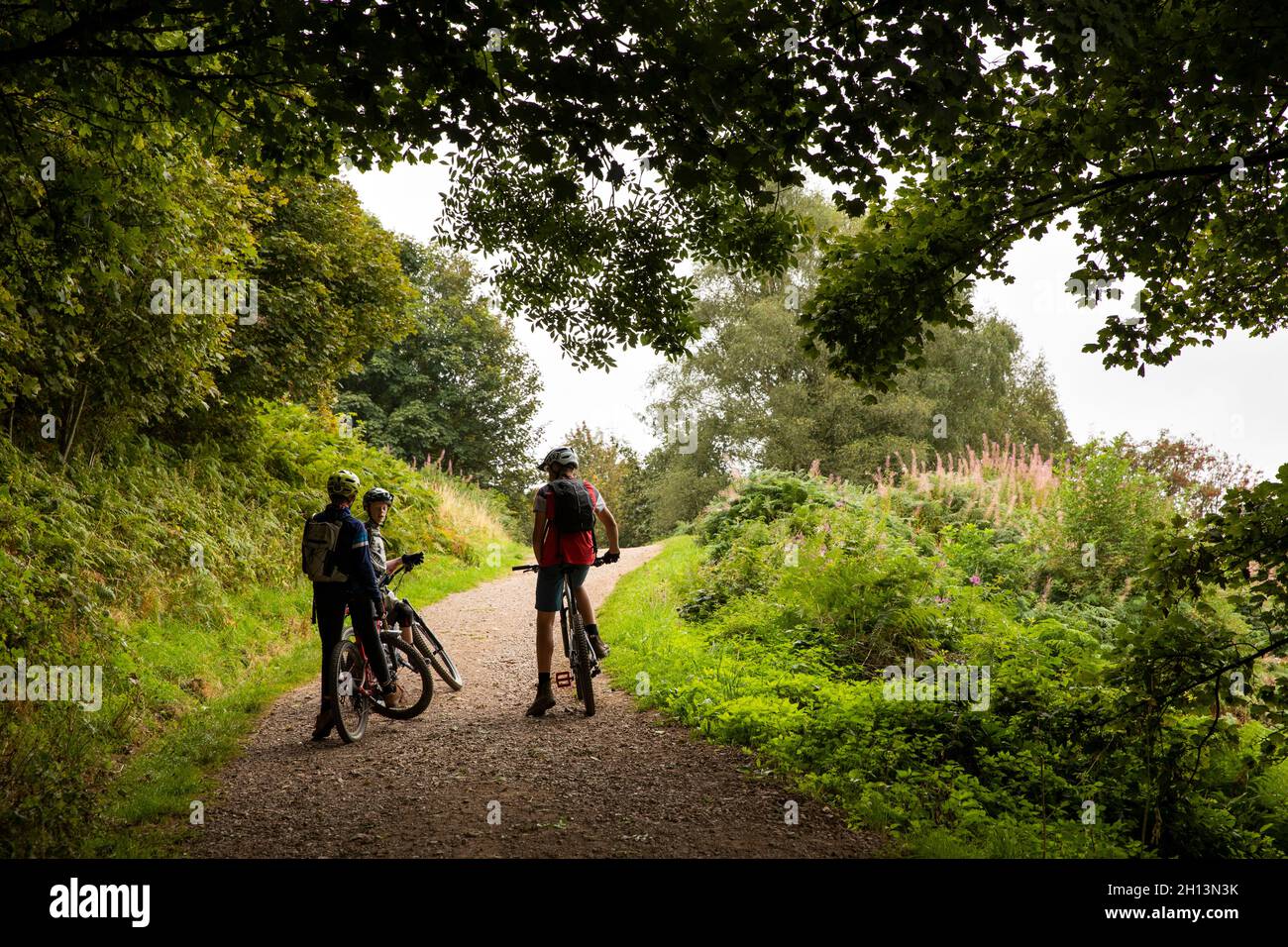 Royaume-Uni, Angleterre, Worcestershire, West Malvern, Westminster Bank,De jeunes cyclistes sur le chemin de Sugarloaf Hill jusqu'à Worcestershire Beacon Banque D'Images