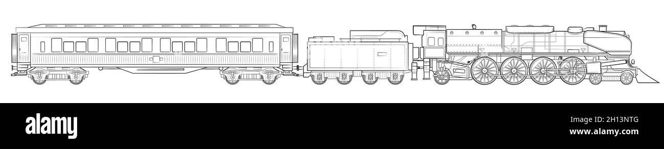 Train à vapeur - illustration d'une locomotive avec une voiture tendre et une voiture de nuit de chemin de fer. Illustration de Vecteur