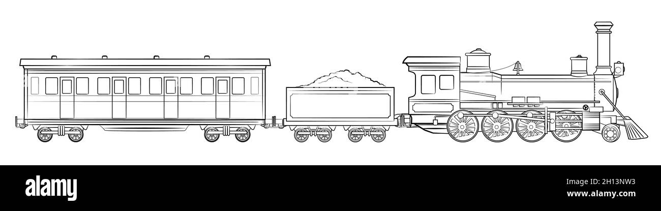 Train à vapeur - illustration d'une locomotive avec une voiture tendre et une voiture de nuit de chemin de fer. Illustration de Vecteur