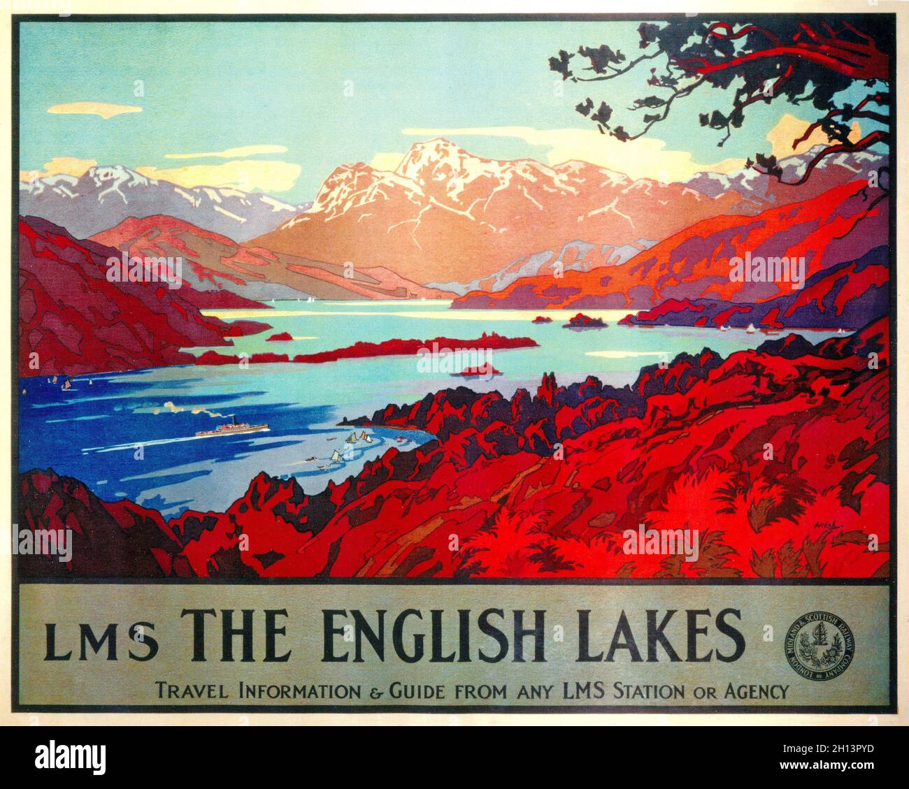 Une affiche publicitaire du chemin de fer LMS Vintage pour le Lake District Banque D'Images