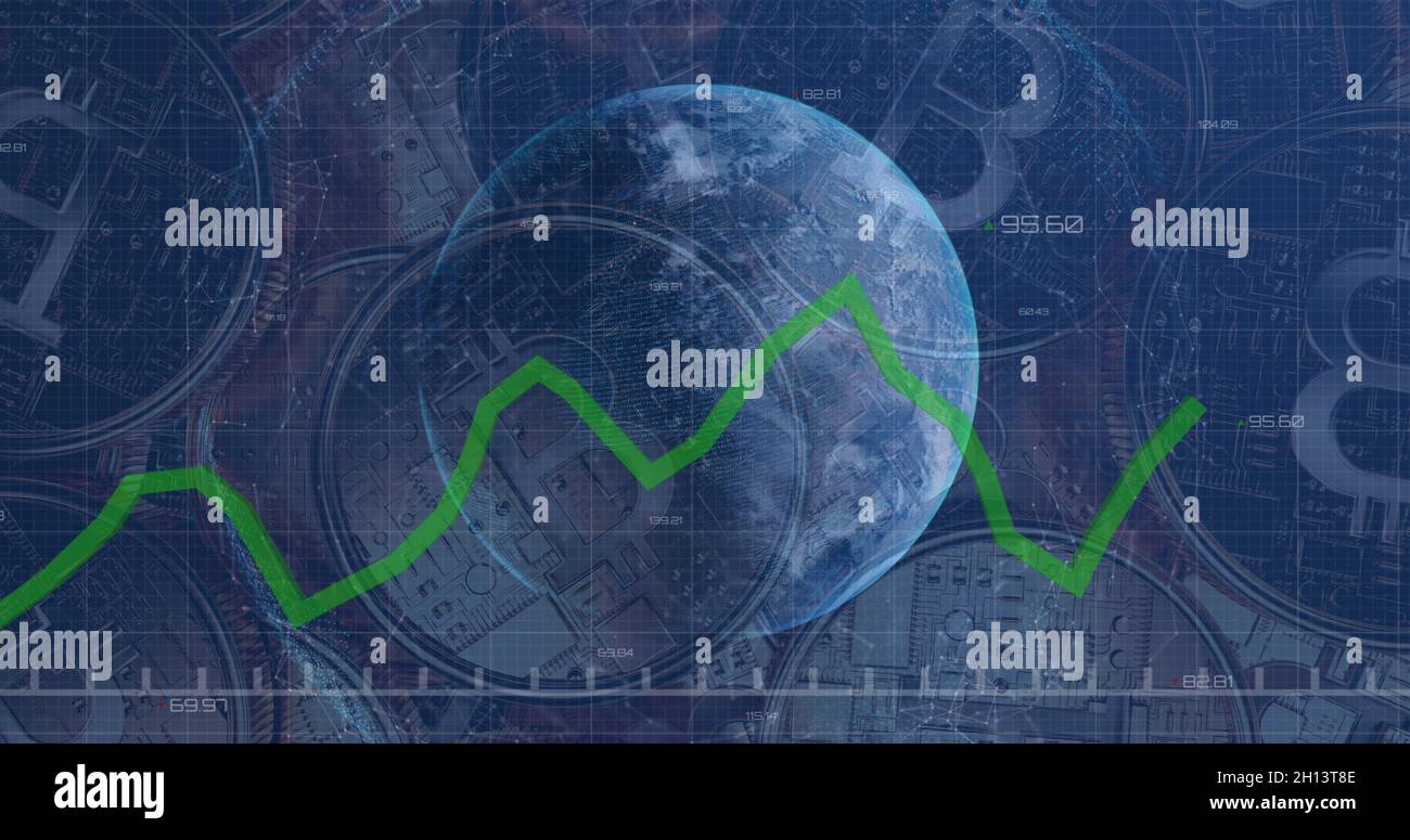 Image du traitement de la ligne verte et du globe sur les bitcoins Banque D'Images
