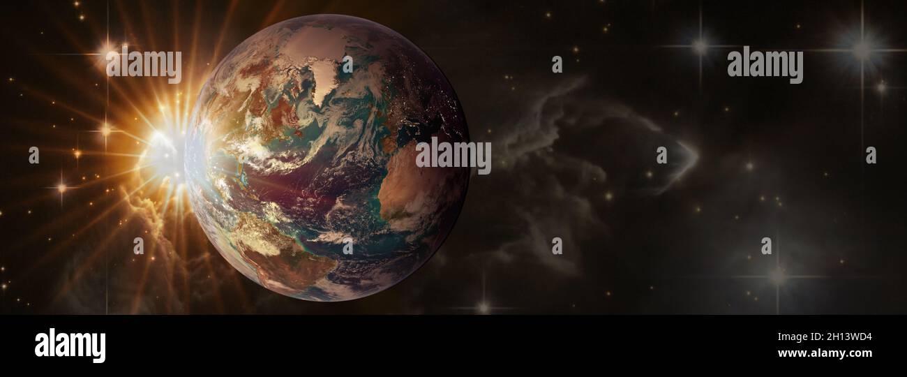 Lever du soleil avec la lumière de l'objectif.Belle planète Terre dans l'espace en rayons du soleil avec espace copie, vue panoramique.Éléments de cette image fournis par la NASA. Banque D'Images