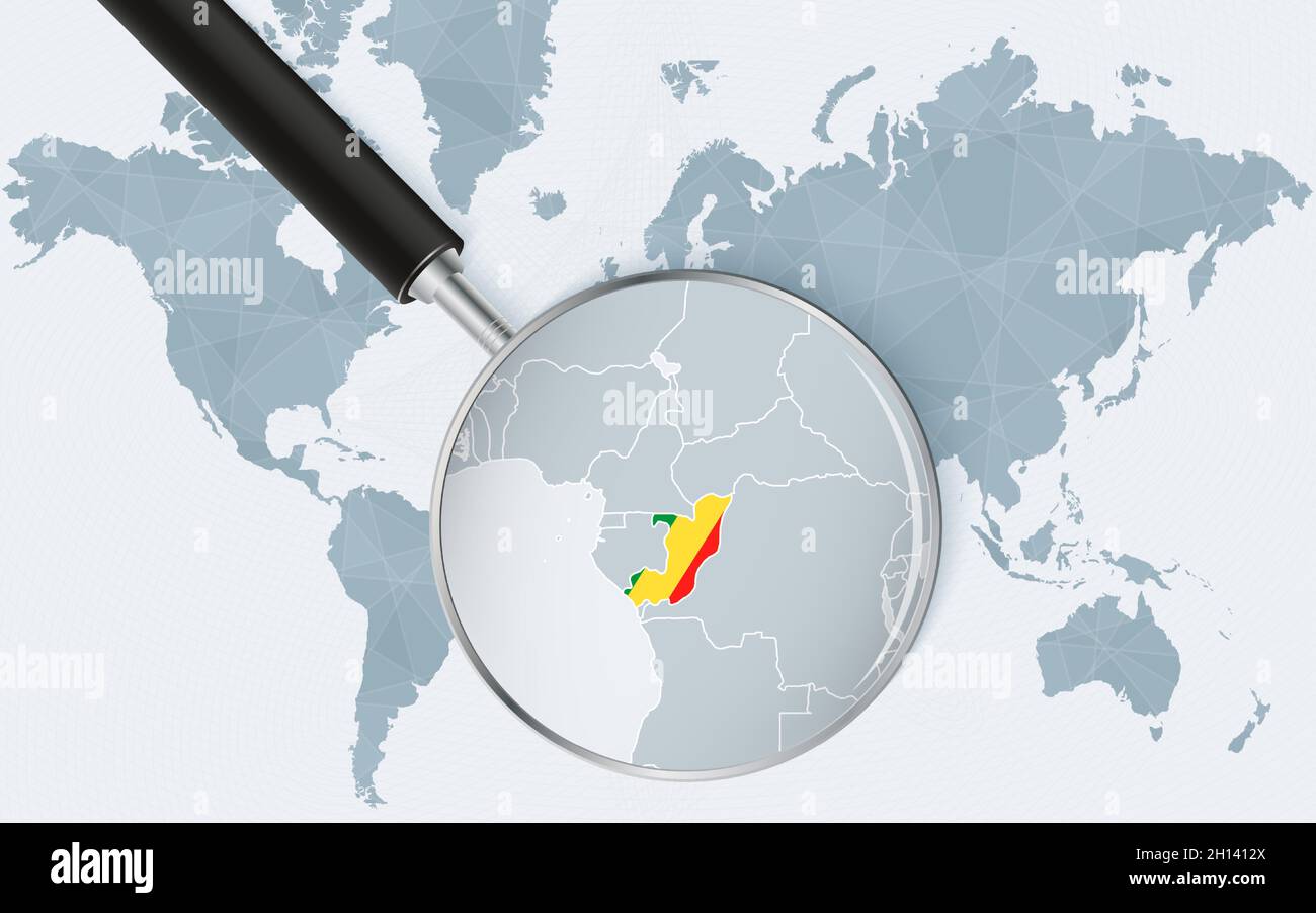 Carte du monde avec une loupe pointant vers le Congo.Carte du Congo avec le drapeau dans la boucle.Illustration vectorielle. Illustration de Vecteur