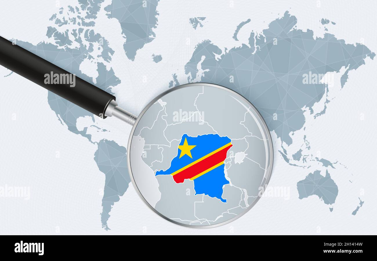 Carte du monde avec une loupe pointant sur la RD Congo.Carte de la RD Congo avec le drapeau dans la boucle.Illustration vectorielle. Illustration de Vecteur