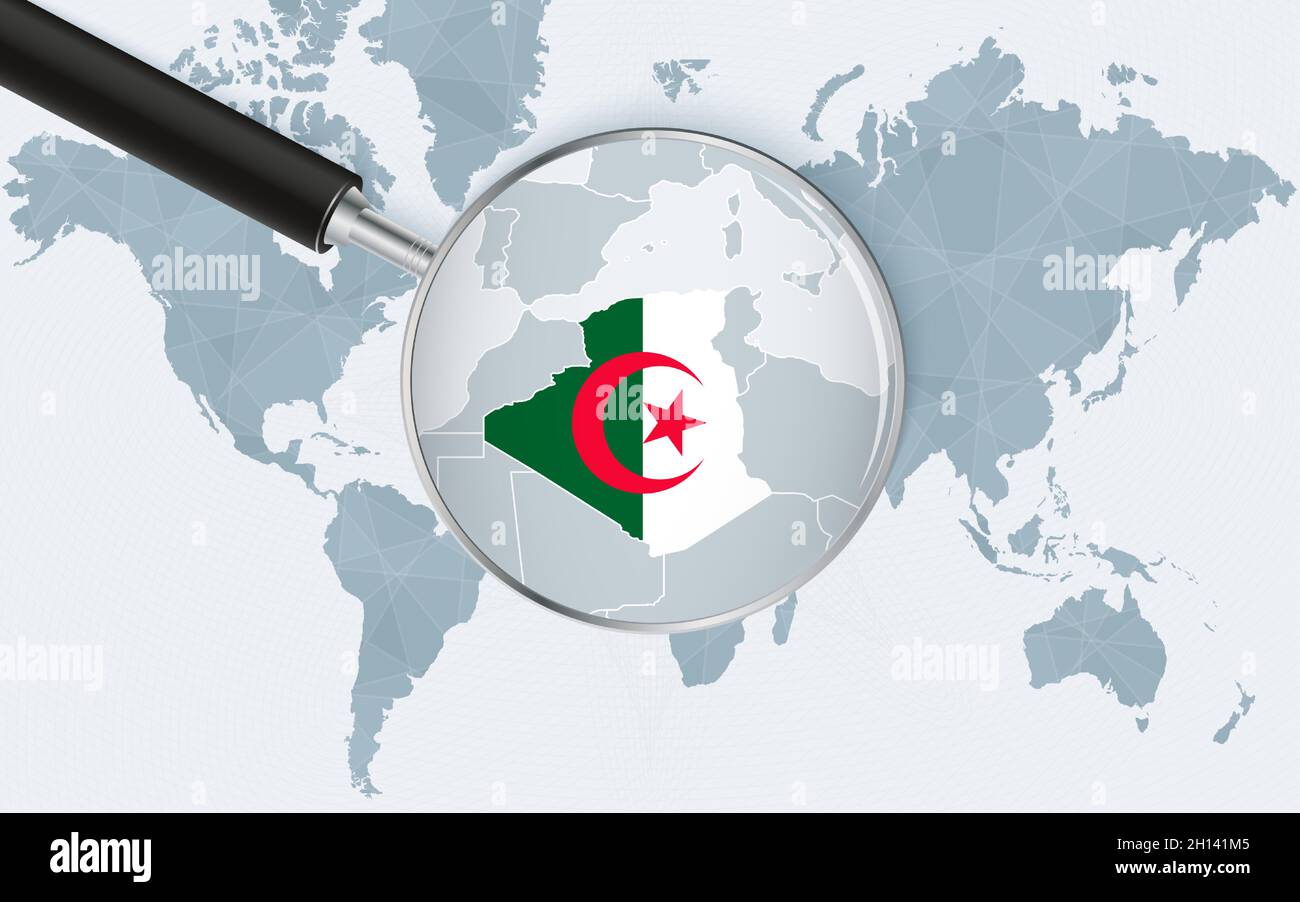 Carte du monde avec une loupe pointant vers l'Algérie.Carte de l'Algérie avec le drapeau dans la boucle.Illustration vectorielle. Illustration de Vecteur