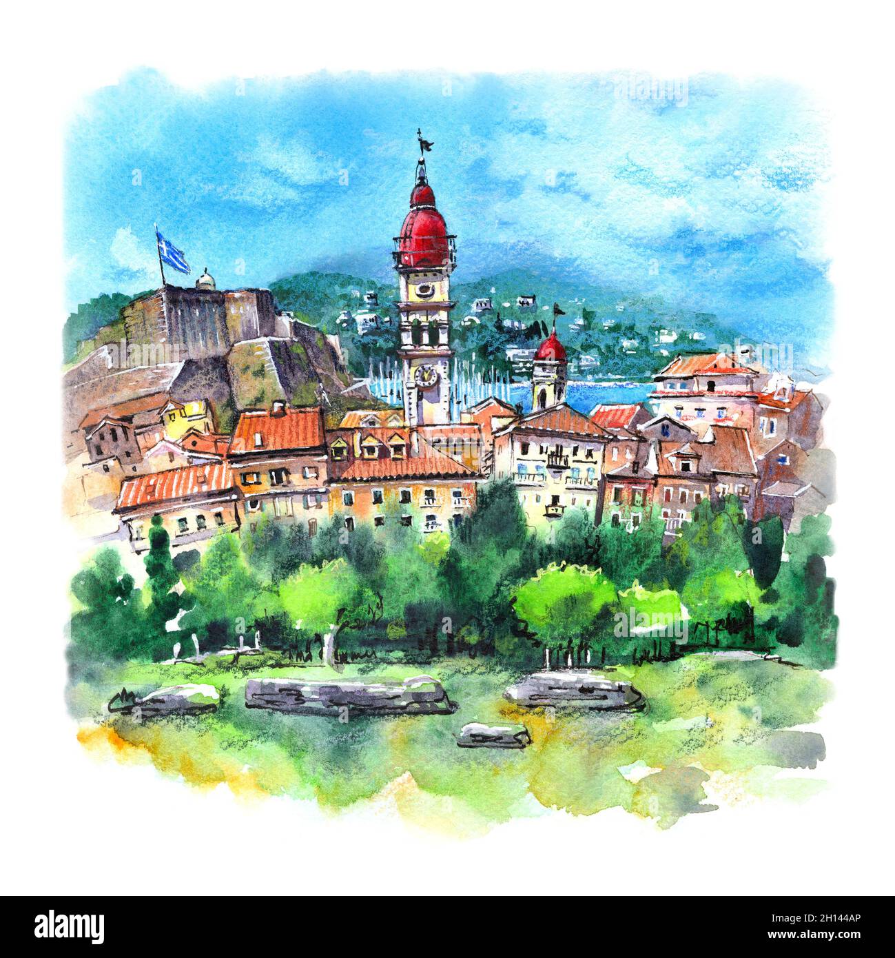 Croquis aquarelle de la vieille ville de Kerkyra, Corfou, Grèce Banque D'Images