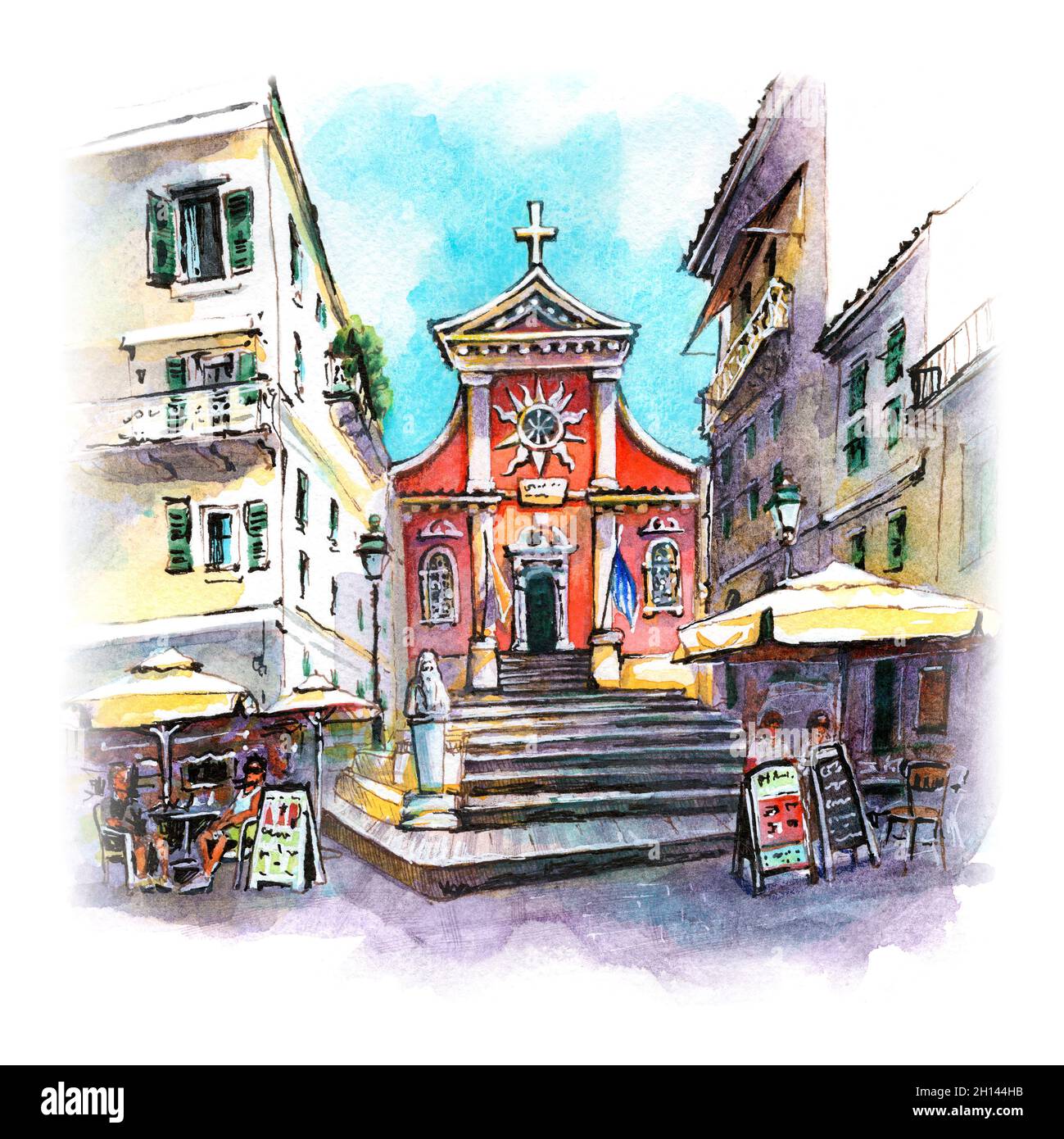 Croquis aquarelle de la cathédrale métropolitaine de Theotokos Spilaiotissa dans la ville de Corfou, Grèce Banque D'Images