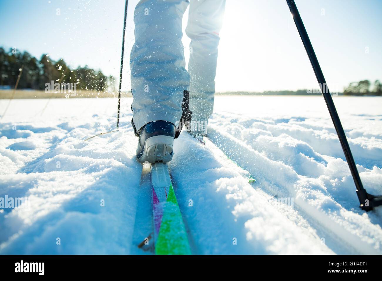 Sports d'hiver en Finlande - ski de fond.Beau homme de forme ski en hiver ensoleillé.Lac gelé et forêt couverte de neige.Plein air actif Banque D'Images