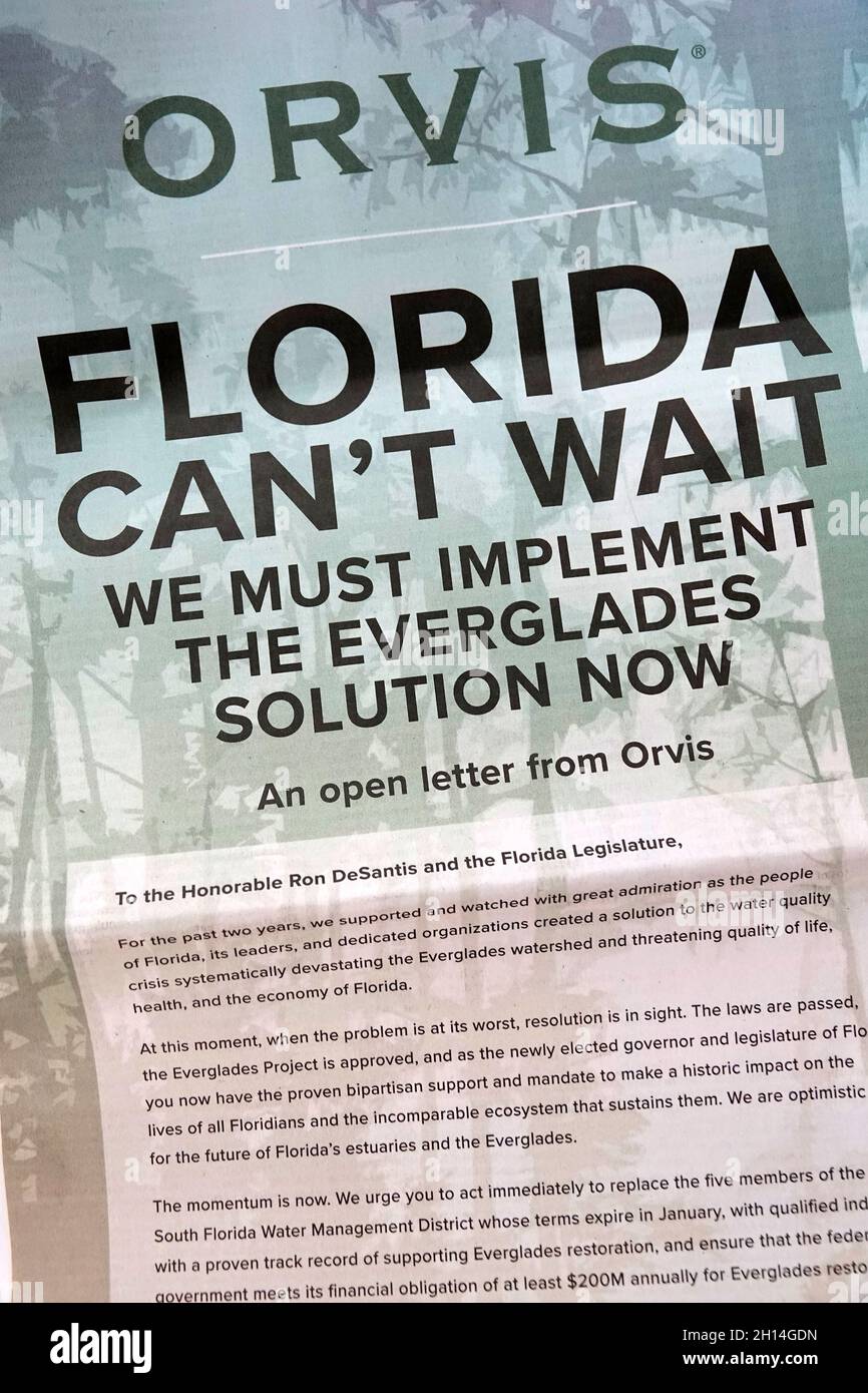Miami Beach Florida,journal Herald,annonce publicitaire Orvis lettre ouverte élu officiel des Everglades qualité de l'eau Banque D'Images