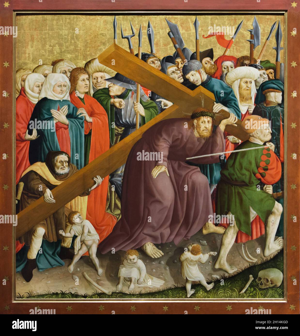 Christ portant la croix représentée sur l'aile du retable de Wurzach par le peintre médiéval allemand Hans Multscher (1437) exposé dans la Berliner Gemäldegalerie (Berlin Picture Gallery) à Berlin, en Allemagne. Banque D'Images