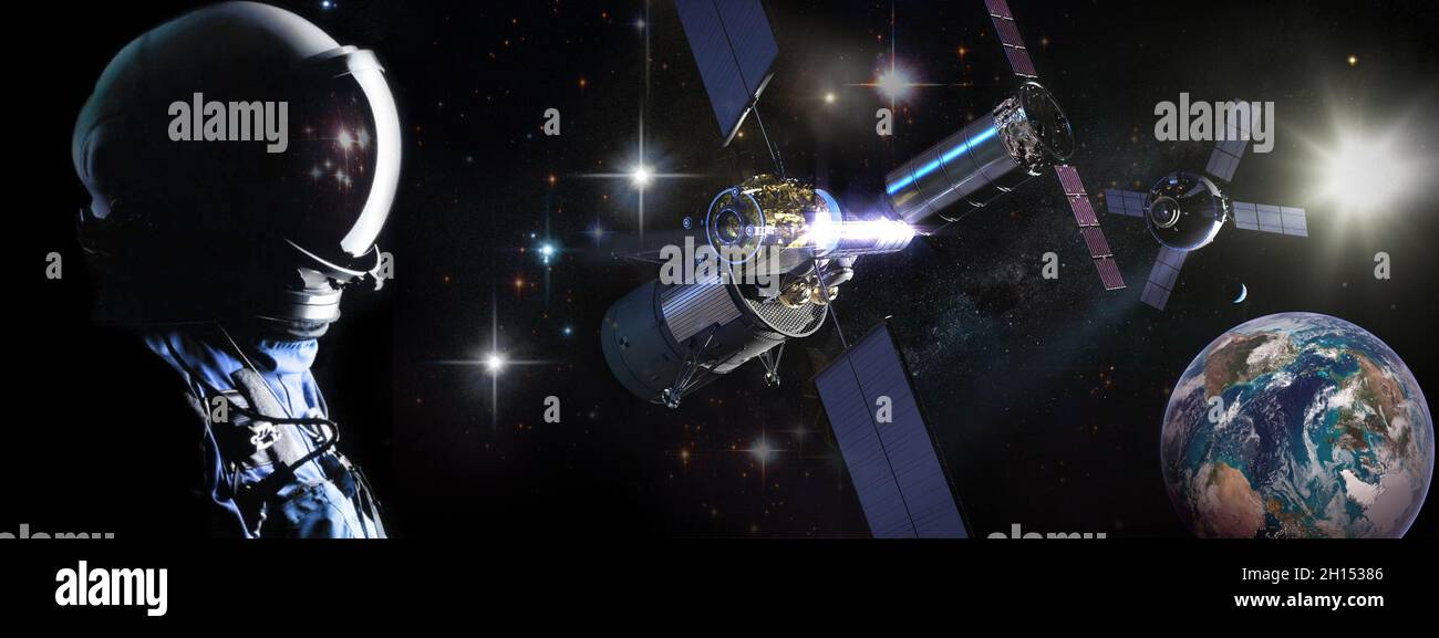 Concept d'exploration spatiale.Astronaute regardant les vaisseaux spatiaux, les étoiles et la planète Terre.Éléments de cette image fournis par la NASA. Banque D'Images