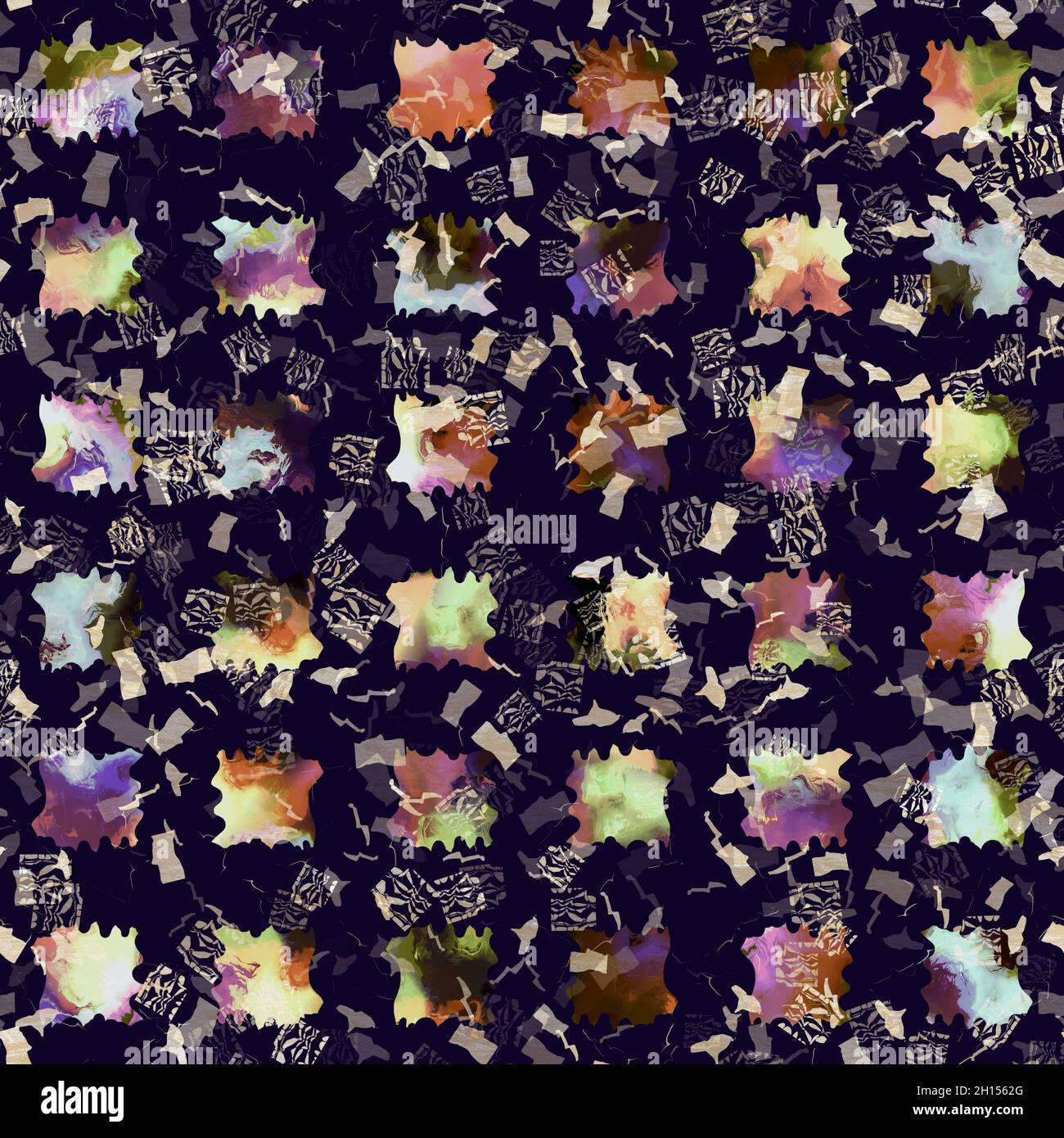 Imprimé camouflage géométrique exotique multicolore de boho.Motif de répétition détaillé pour le sol sombre automnal sans couture. Banque D'Images