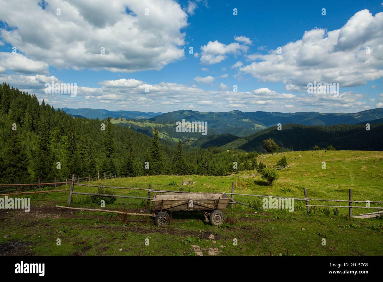 Une voiturette à quatre roues sans cheval se trouve à côté de la clôture, Carpates Mountains, Ukraine Banque D'Images