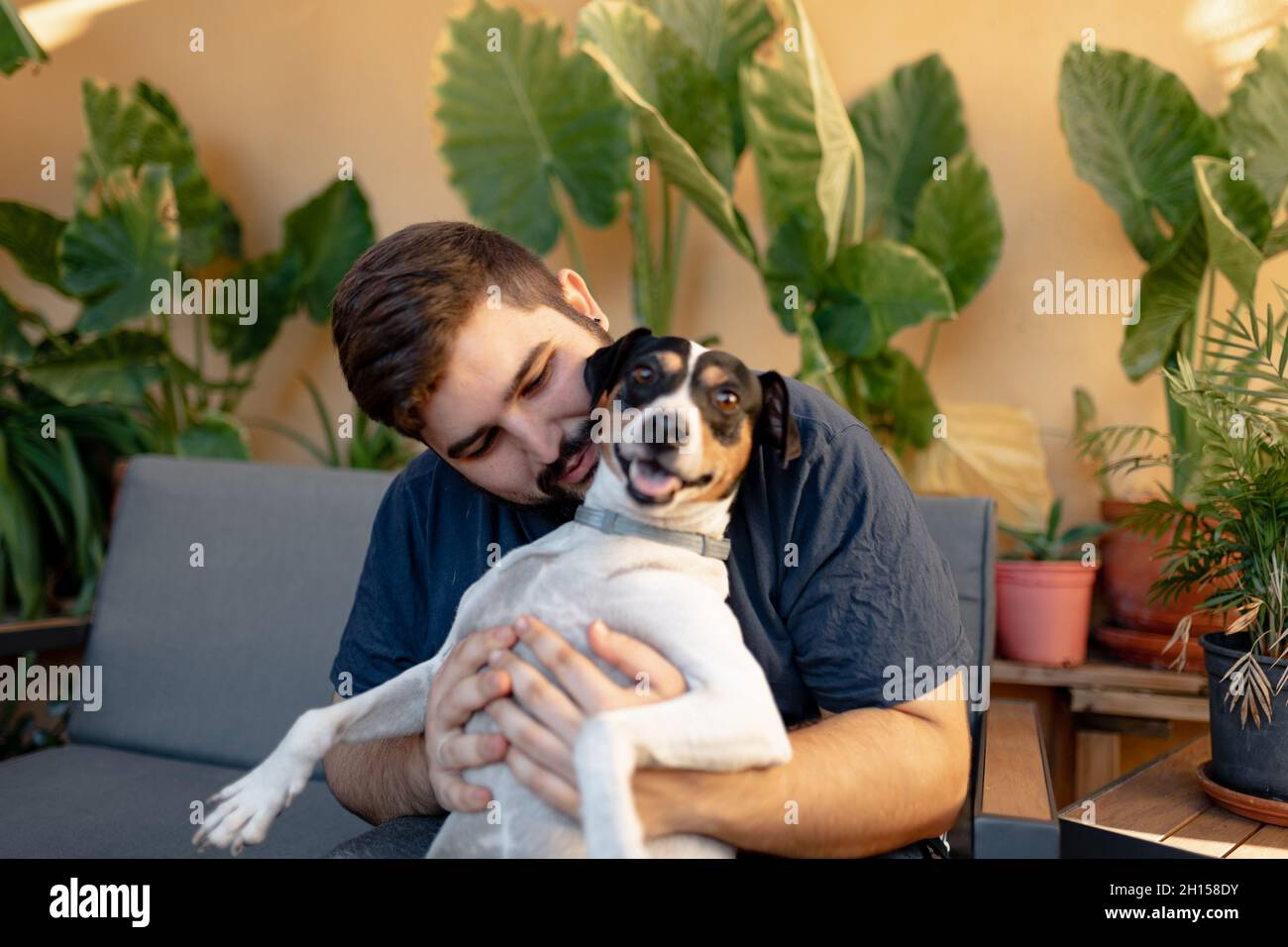 Un jeune homme assis et souriant tient son chien tout en jouant avec ses pattes.Le chien regarde l'appareil photo avec sa langue et un visage drôle Banque D'Images