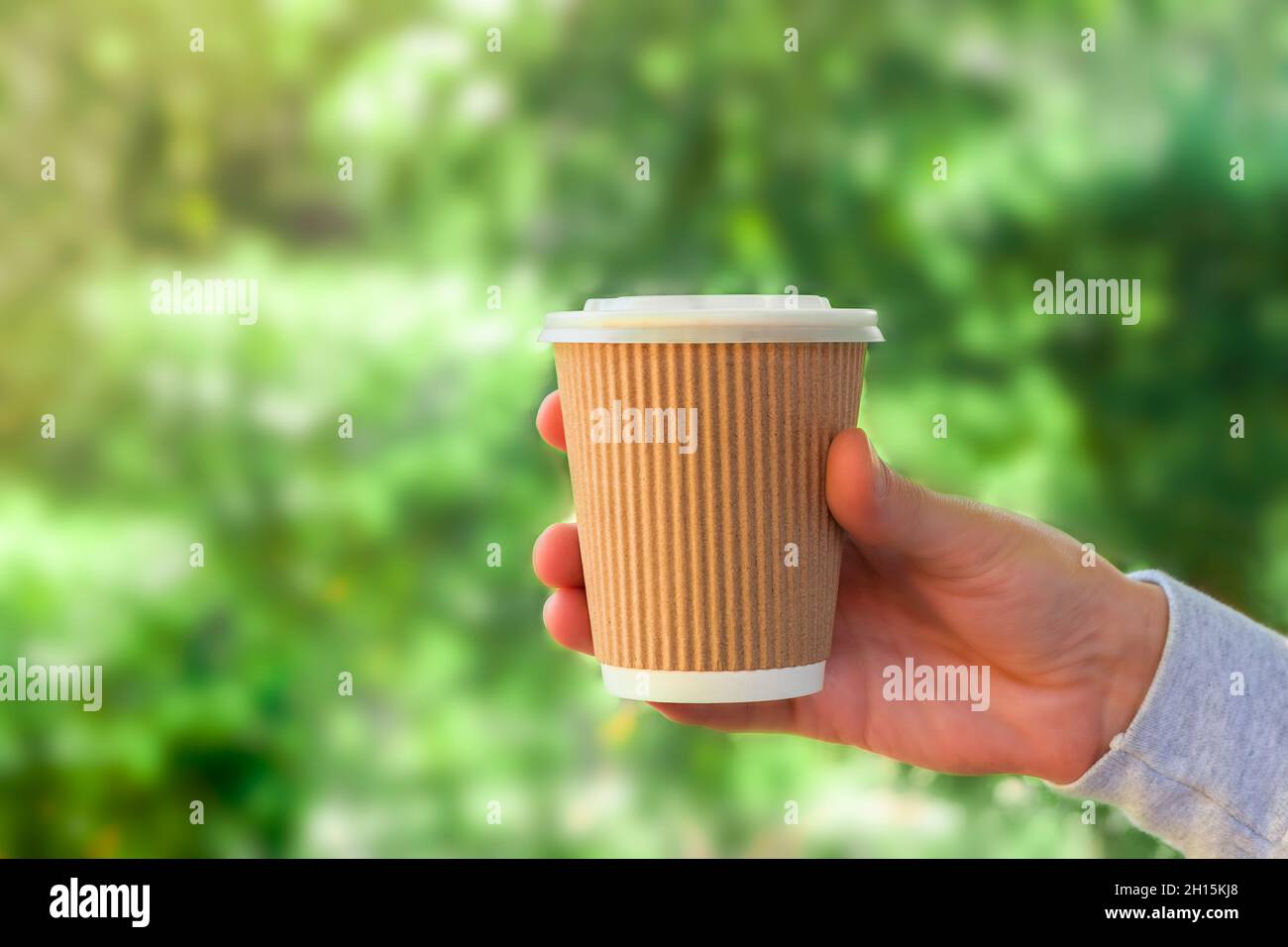 Main tenant une tasse de café en papier écologique sur fond vert nature avec espace de copie Banque D'Images