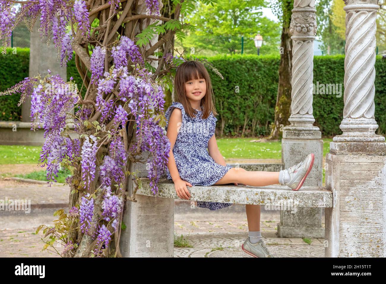 Jeune fille de sept ans assise sous un arbre de wisteria à Honfleur, France Banque D'Images